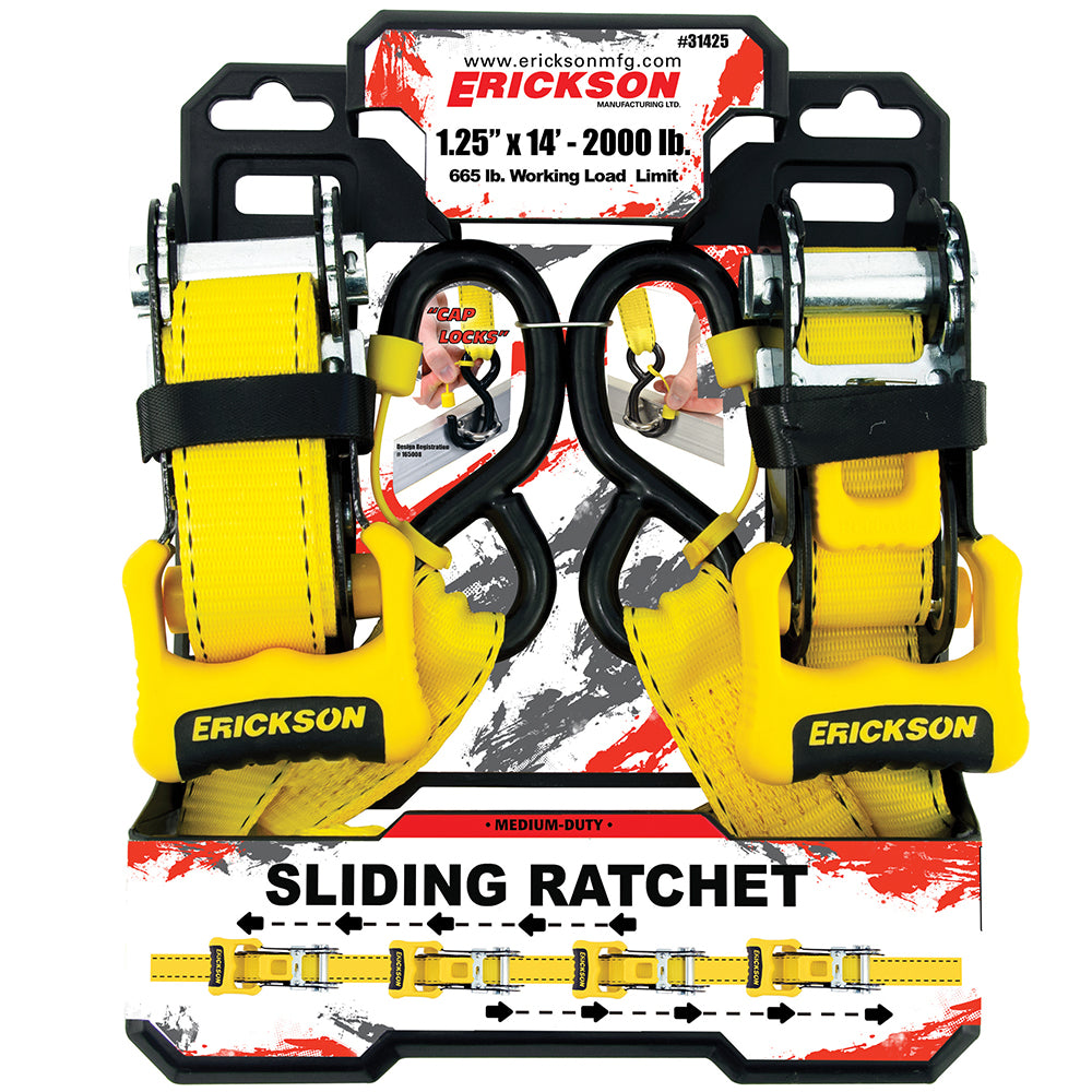 Erickson, 1.25″ x 14′   2000 lb Sliding Ratchet Straps 
with Cap Lock® Hooks