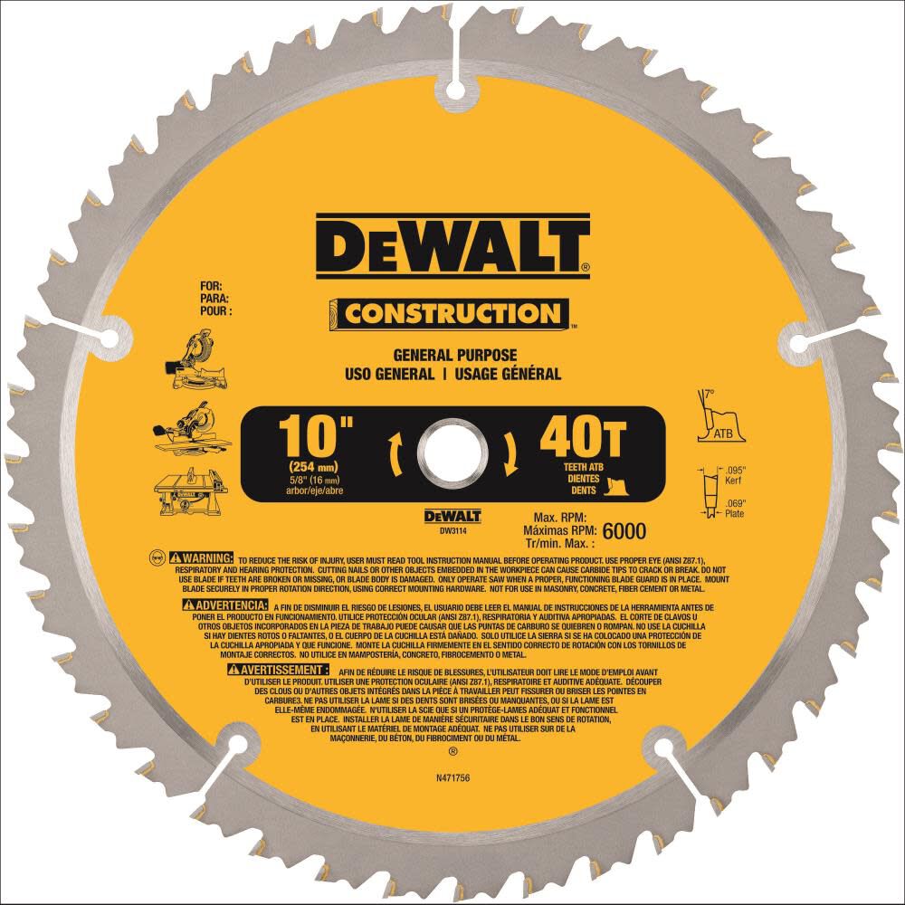 Dewalt, 10 in. 40T Construction Miter/Table Saw Blade