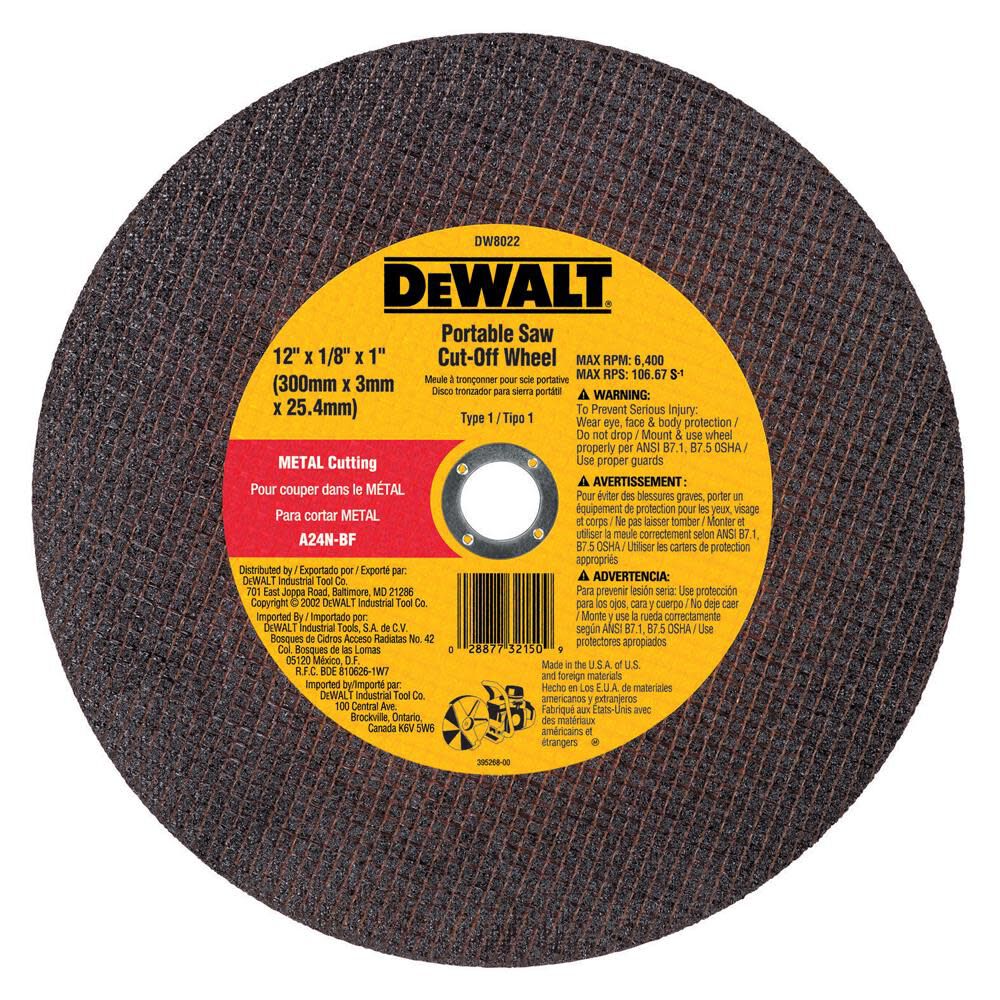 Dewalt, 12 IN. x 1/8 IN. x 1 IN High-Performance Aluminum Oxide Circular Saw Blade