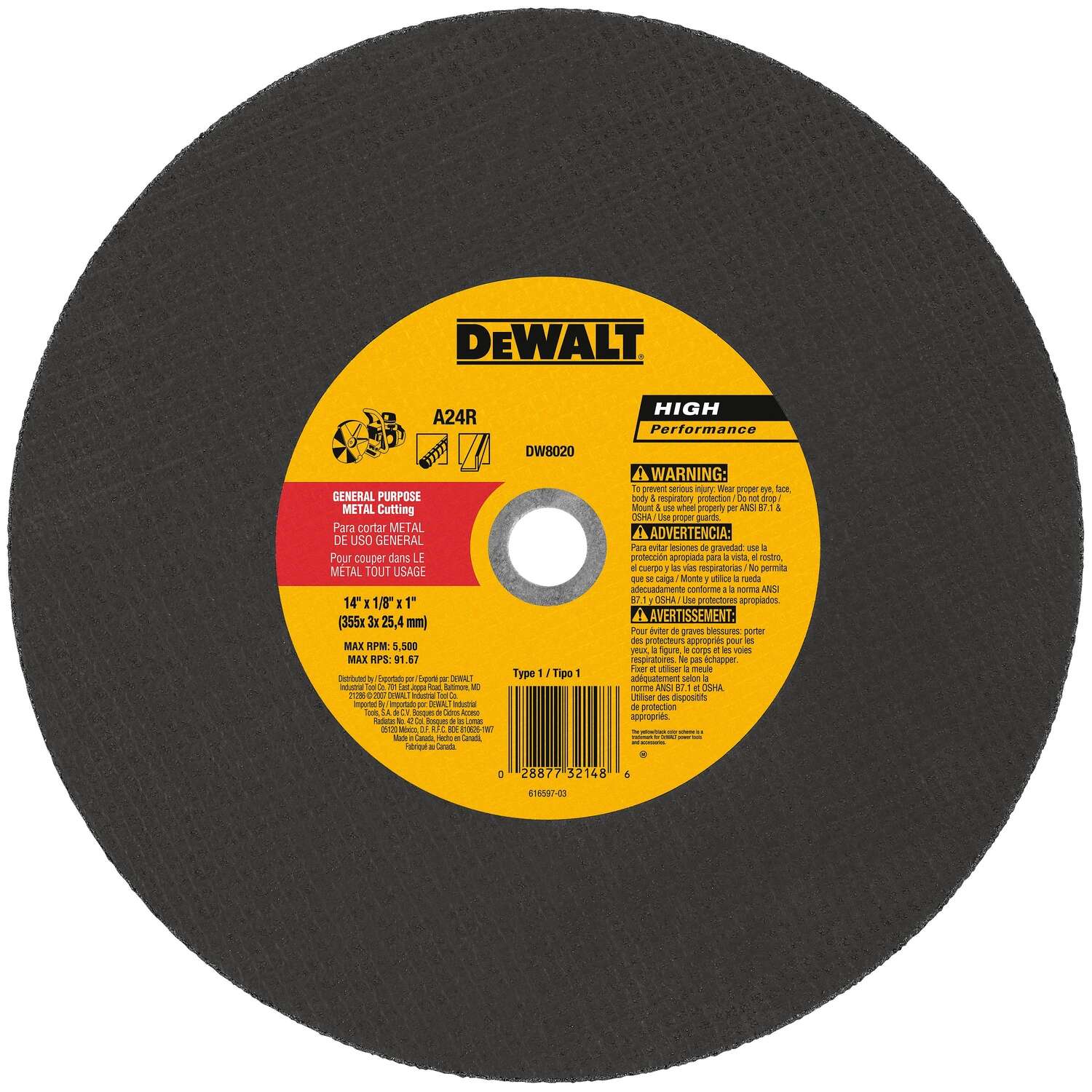 Dewalt, 14 IN. x 1/8 IN. x 1 IN Type 1 High Performance Cutting Wheel