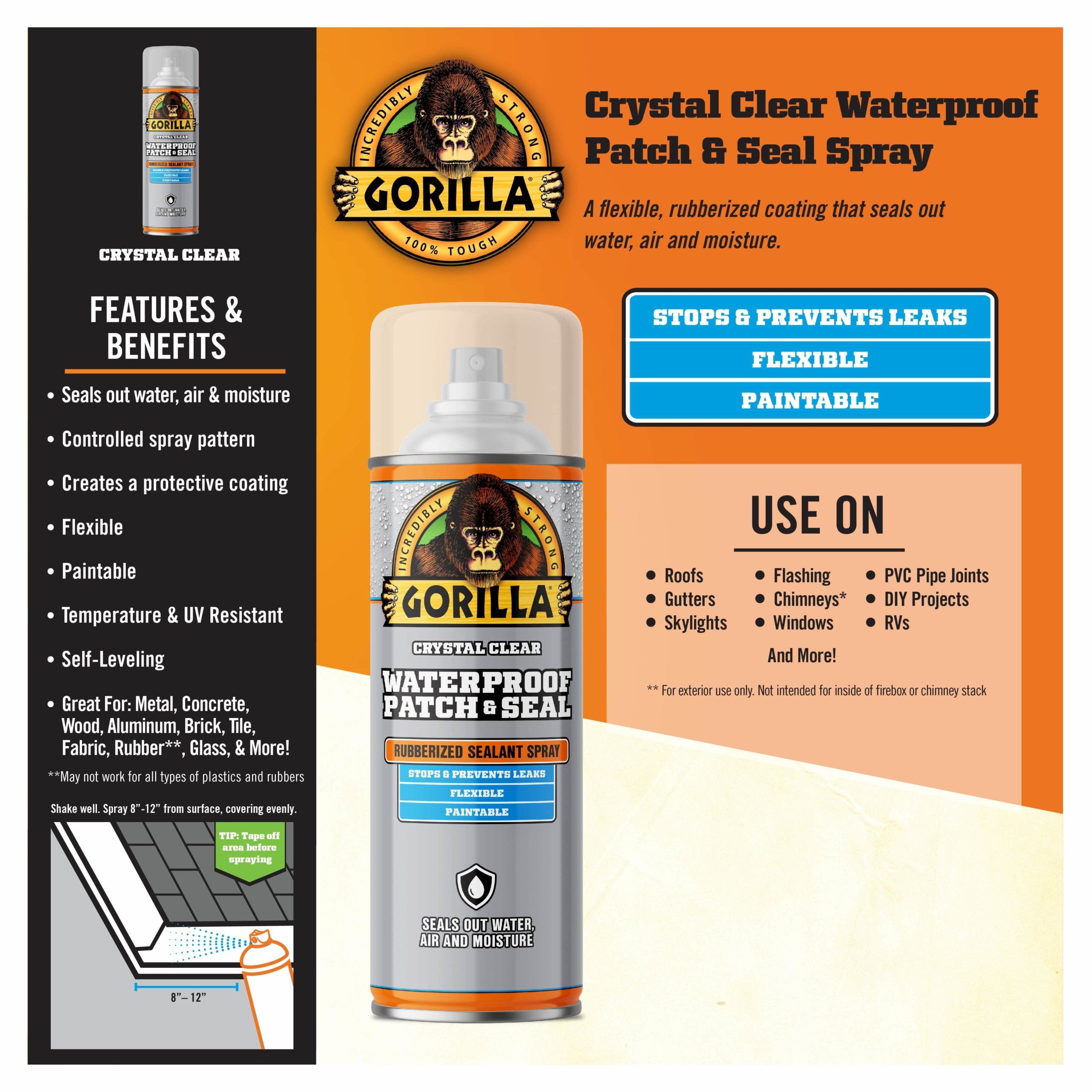 Gorilla Glue, 14 OZ Rubberized Waterproof Patch & Seal Spray - CLEAR