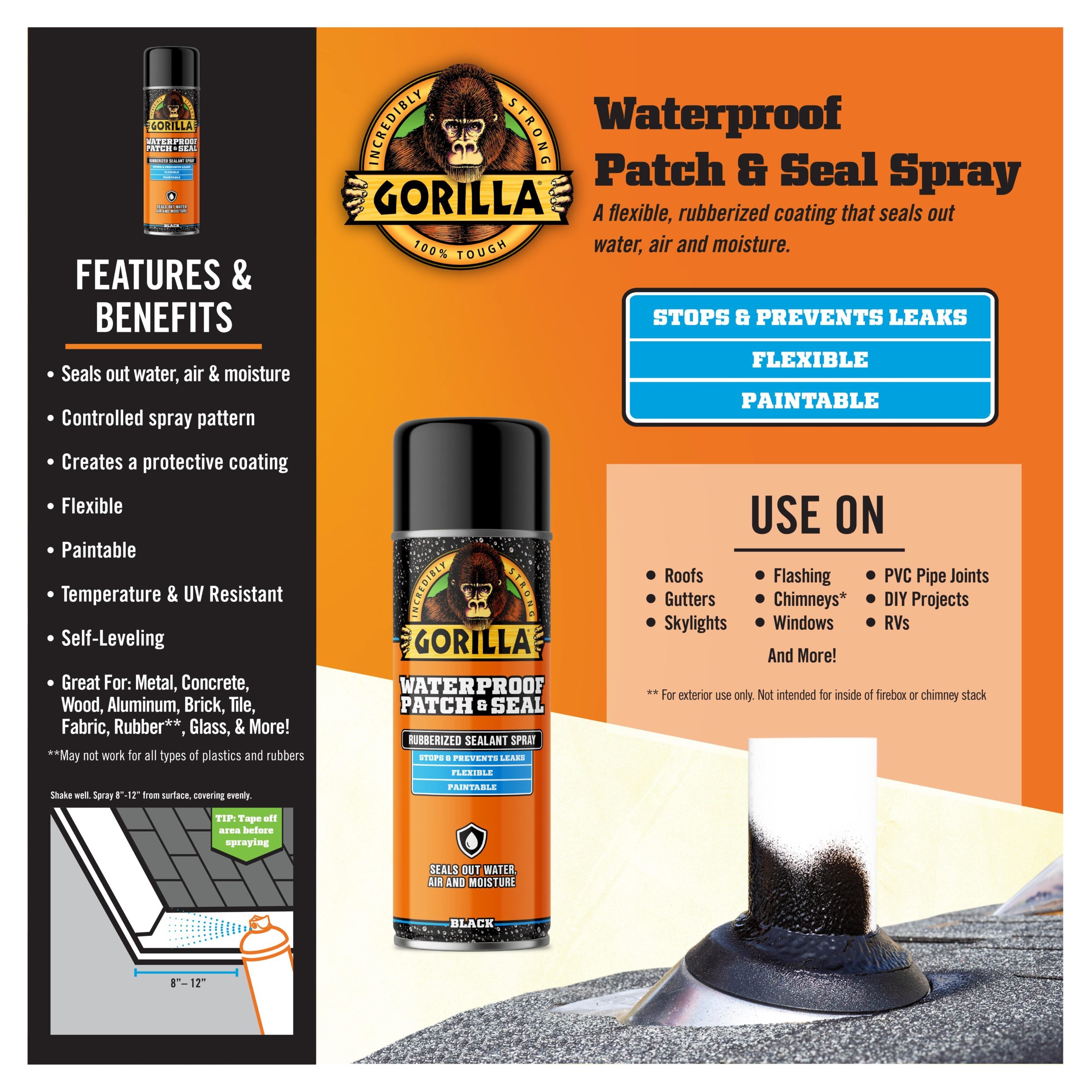 Gorilla Glue, 16 OZ Rubberized Waterproof Patch & Seal Spray - BLACK