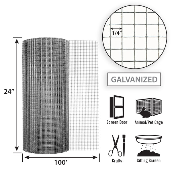 Garden Zone, 24in x 100ft Galvanized Hardware Cloth with 1/4in Openings