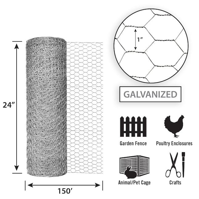 Garden Zone, 24in x 150ft Galvanized Chicken Wire with 1in Openings