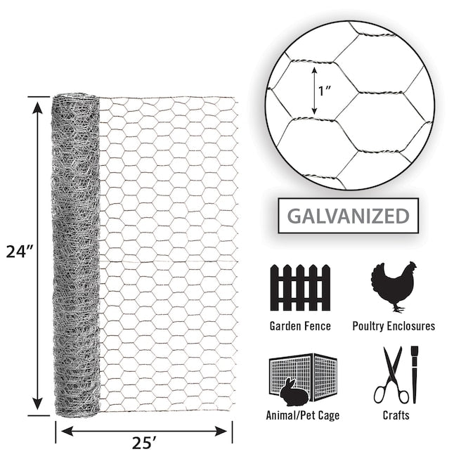 Garden Zone, 24in x 25ft Galvanized Chicken Wire with 1 in Openings