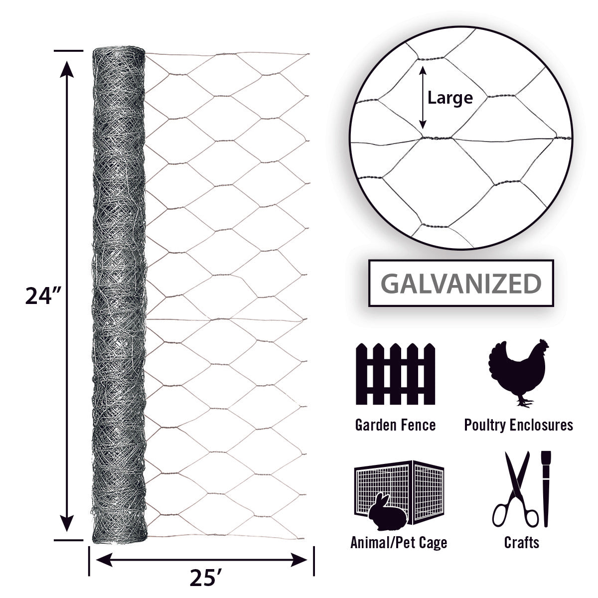 Garden Zone, 24in x 25ft Galvanized Chicken Wire with 2in Openings