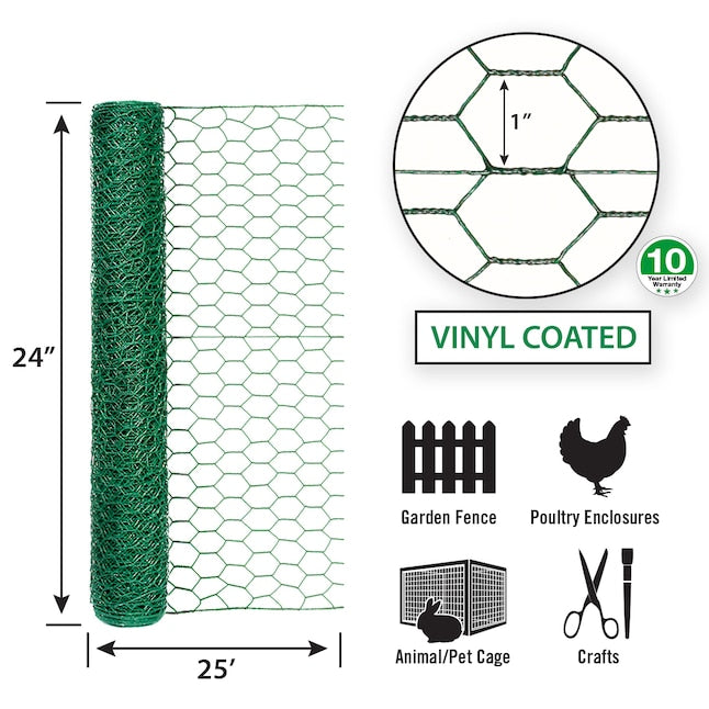 Garden Zone, 24in x 25ft Green PVC Coated Steel Chicken Wire with 1in Openings