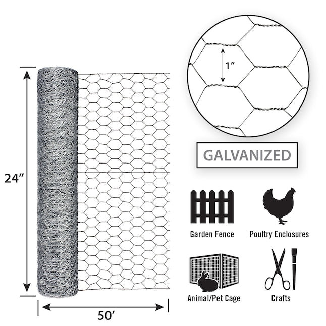 Garden Zone, 24in x 50ft Galvanized Chicken Wire with 1in Openings