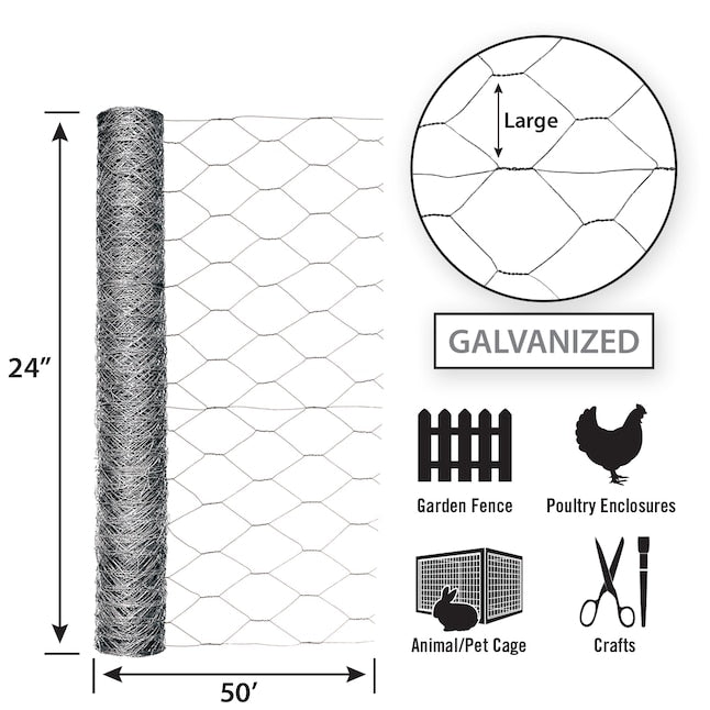 Garden Zone, 24in x 50ft Galvanized Chicken Wire with 2in Openings