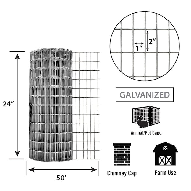 Garden Zone, 24in x 50ft Galvanzed Welded Wire Fence with 1in x 2in Openings