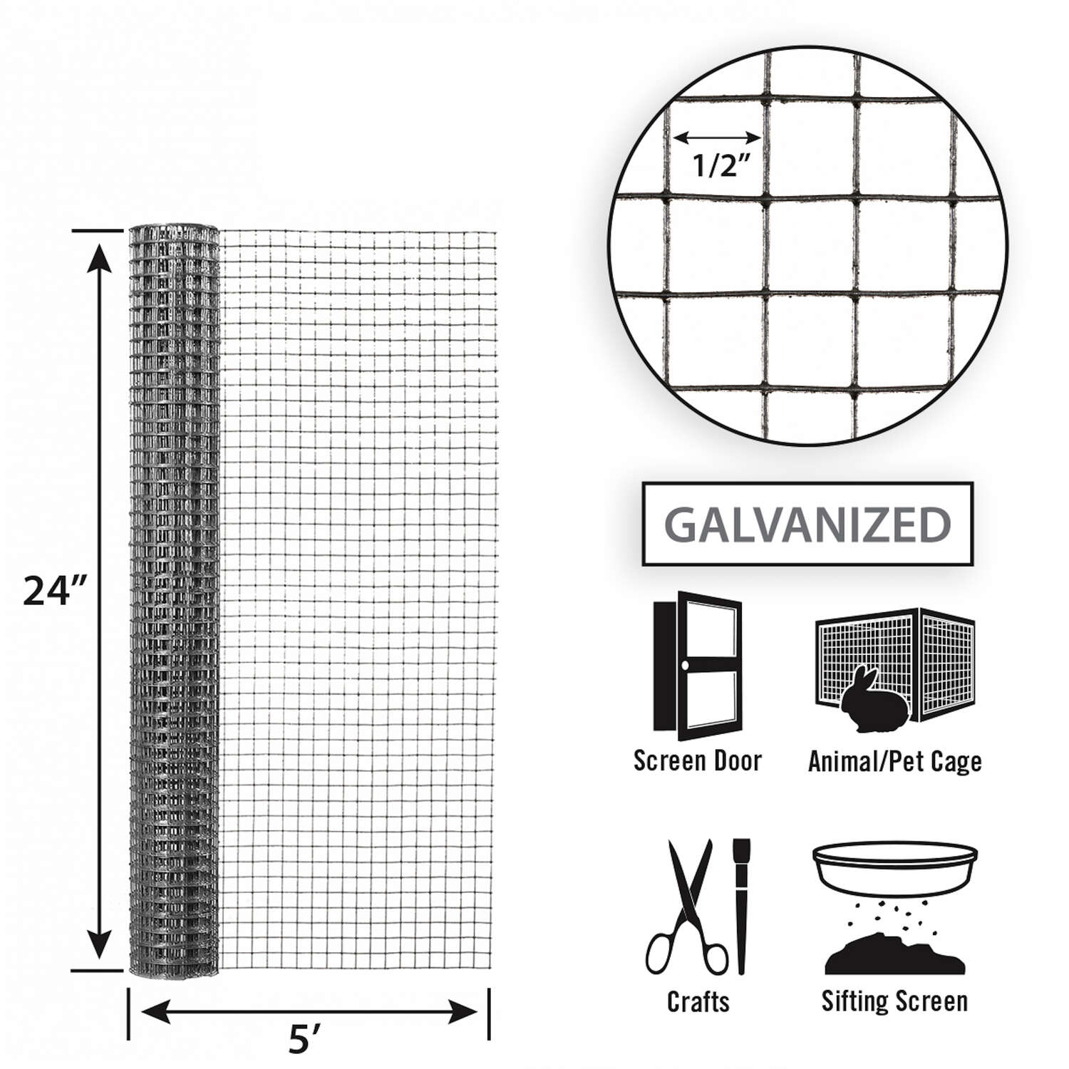 Garden Zone, 24in x 5ft Galvanized Hardware Cloth with 1/2in Openings