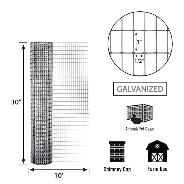 Garden Zone, 30in x 10ft Galvanzed Welded Wire Fence with 1/2in x 1in Openings