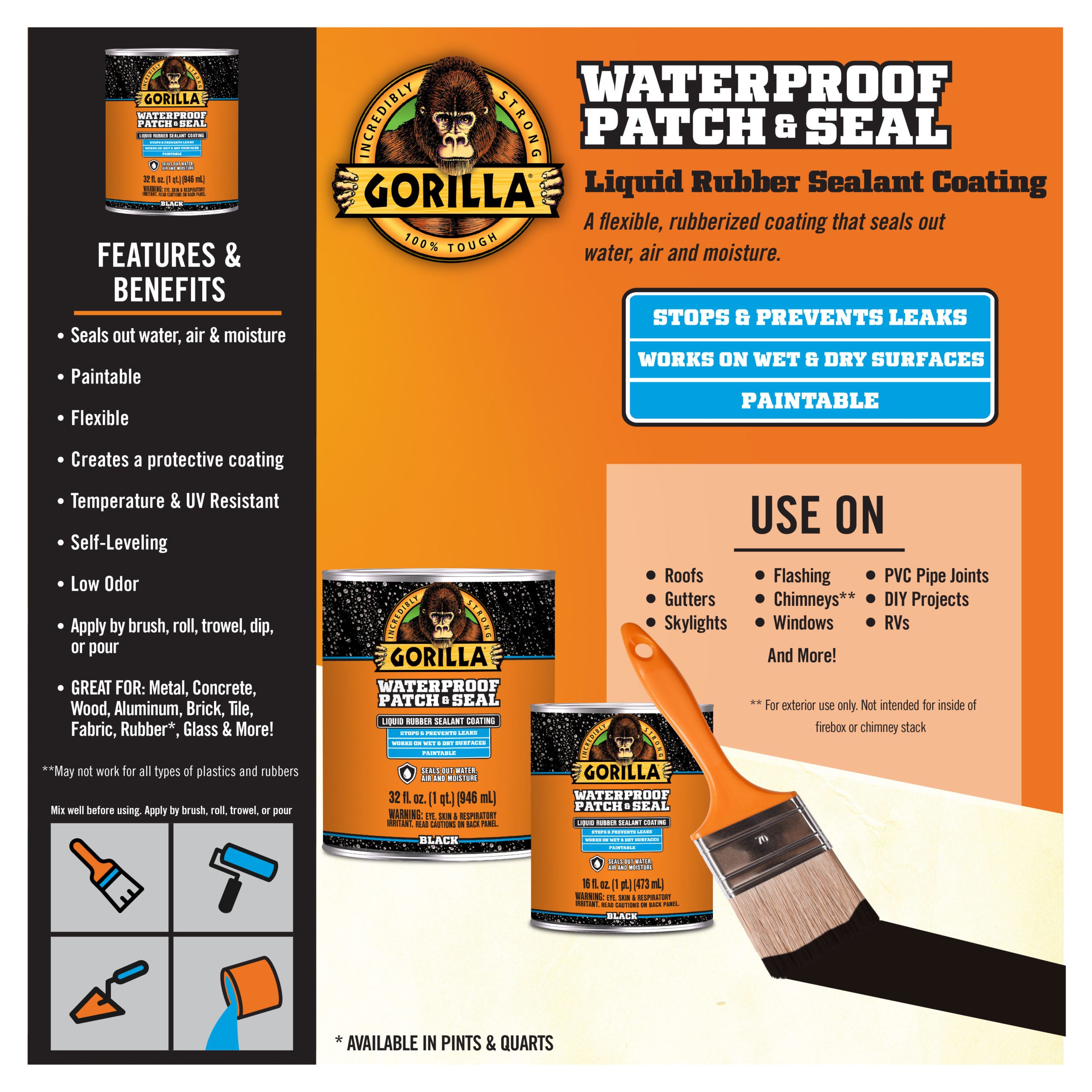 Gorilla Glue, 32 OZ Waterproof Patch & Seal Liquid - BLACK