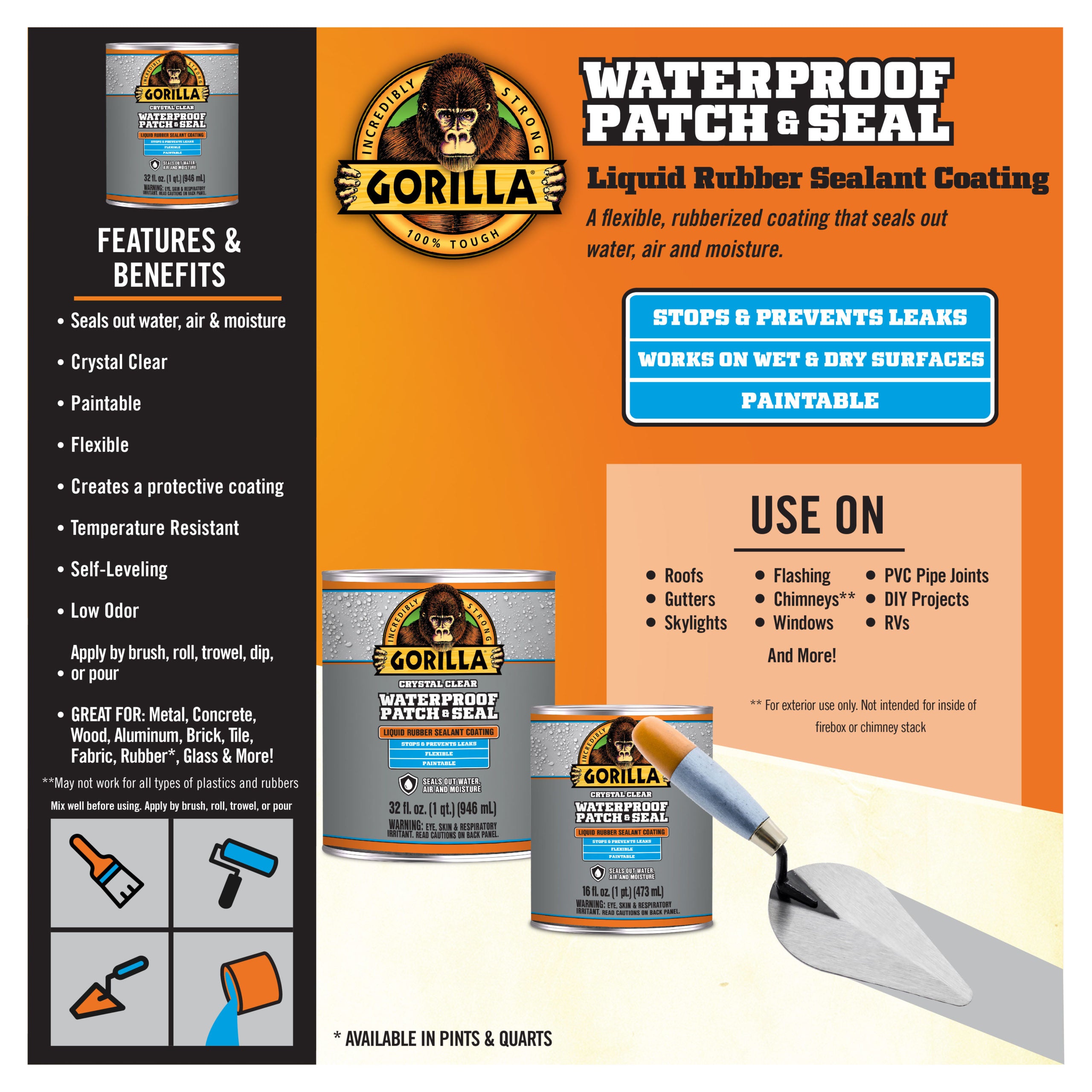 Gorilla Glue, 32 OZ Waterproof Patch & Seal Liquid - CLEAR