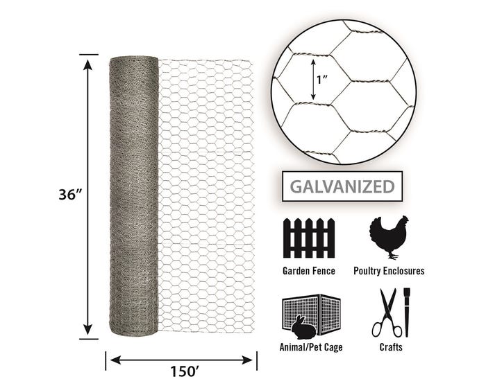 Garden Zone, 36in x 150ft Galvanized Chicken Wire with 1in Openings