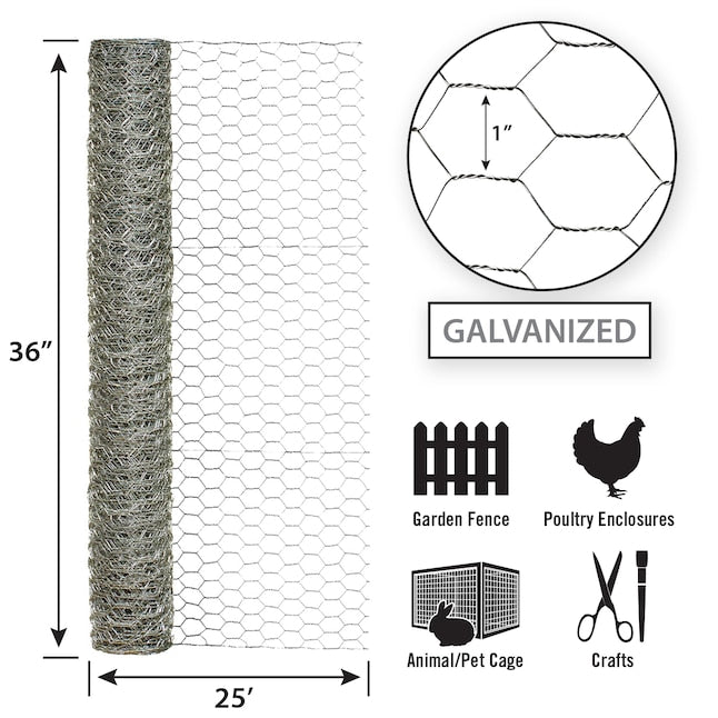 Garden Zone, 36in x 25ft Galvanized Chicken Wire with 1in Openings