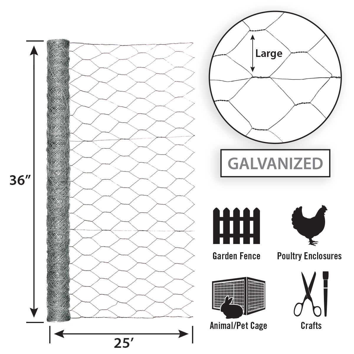 Garden Zone, 36in x 25ft Galvanized Chicken Wire with 2in Openings