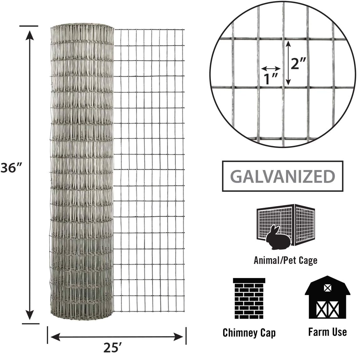 Garden Zone, 36in x 25ft Galvanzed Welded Wire Fence with 1in x 2in Openings