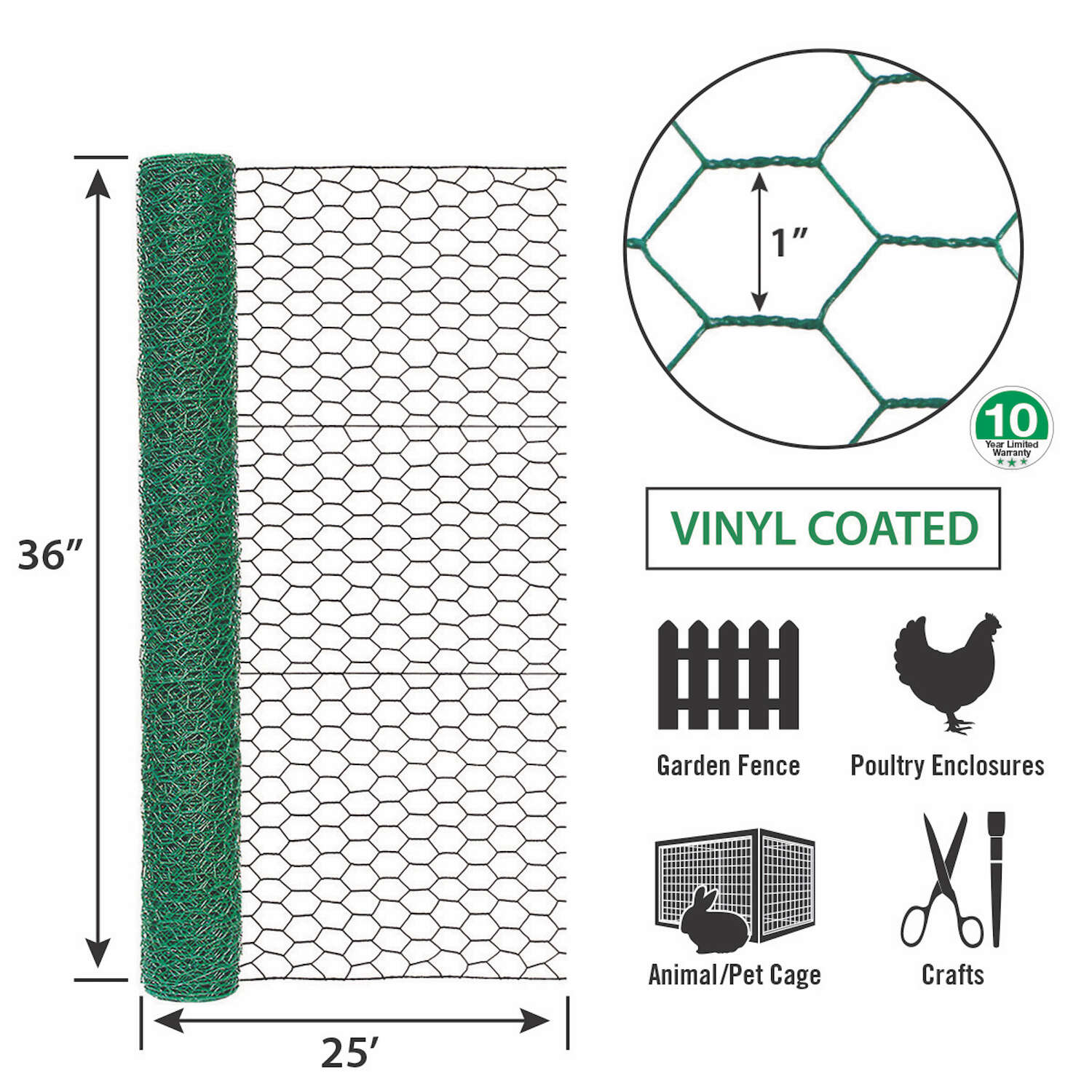 Garden Zone, 36in x 25ft Green Vinyl Chicken Wire with 1in Openings