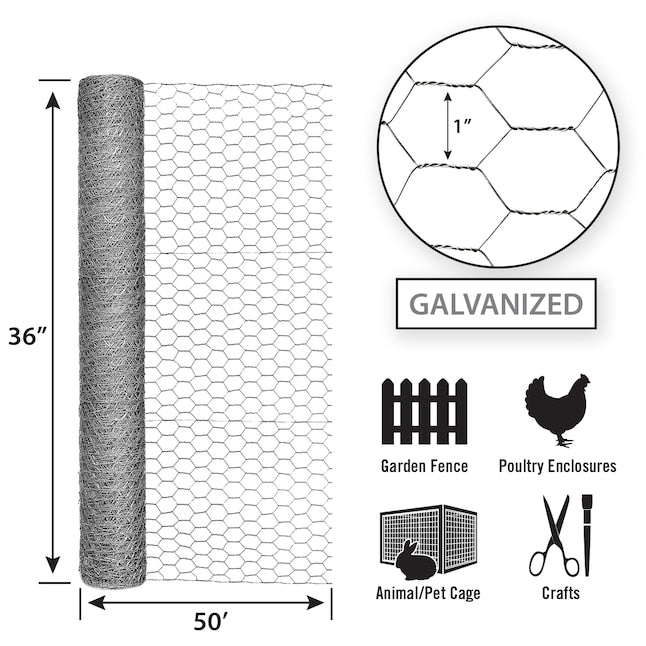 Garden Zone, 36in x 50ft Galvanized Chicken Wire with 1in Openings