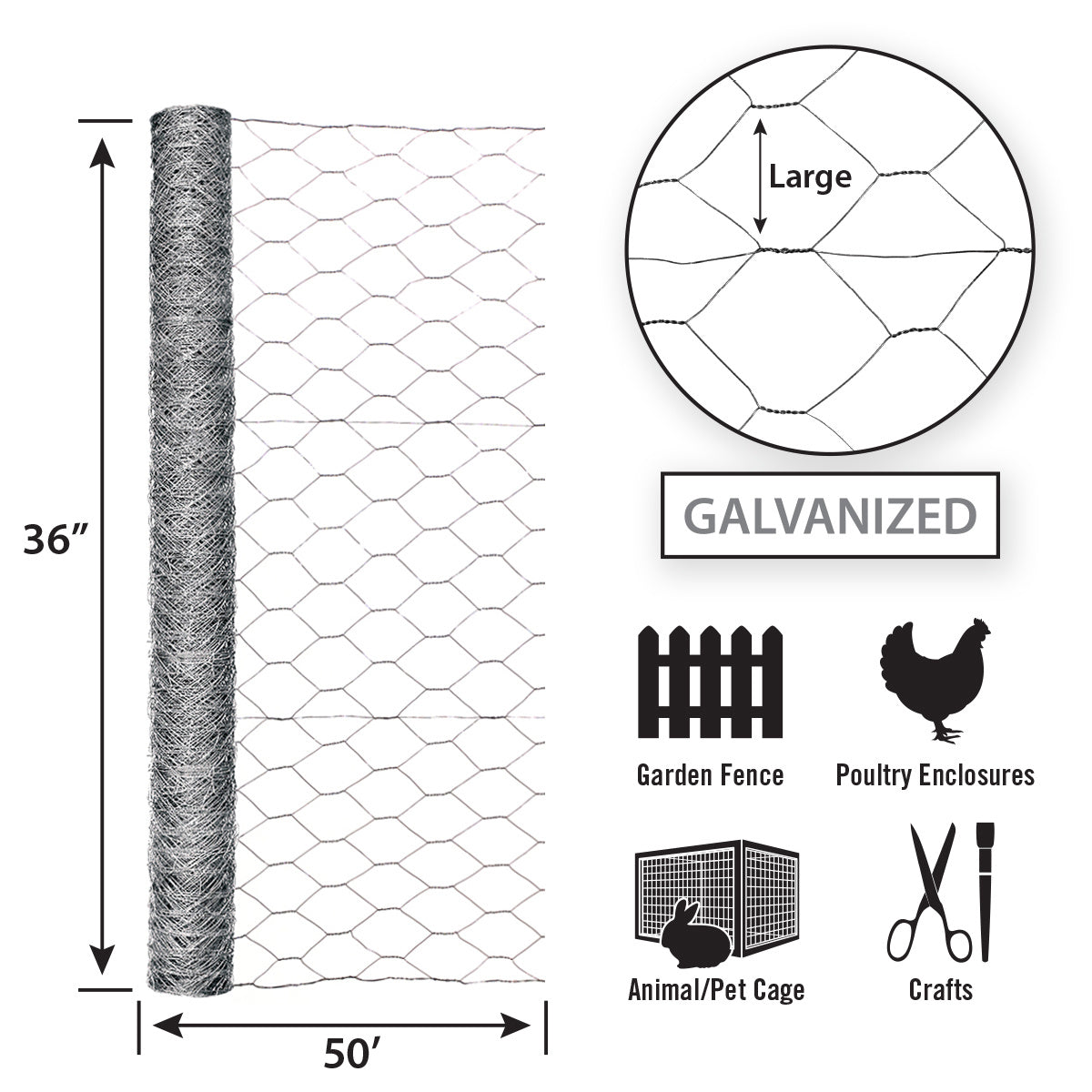 Garden Zone, 36in x 50ft Galvanized Chicken Wire with 2in Openings