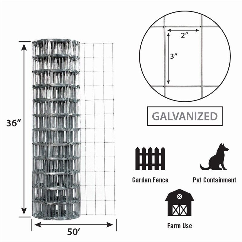 Garden Zone, 36in x 50ft Galvanized Garden Fence with 2in x 3in Openings