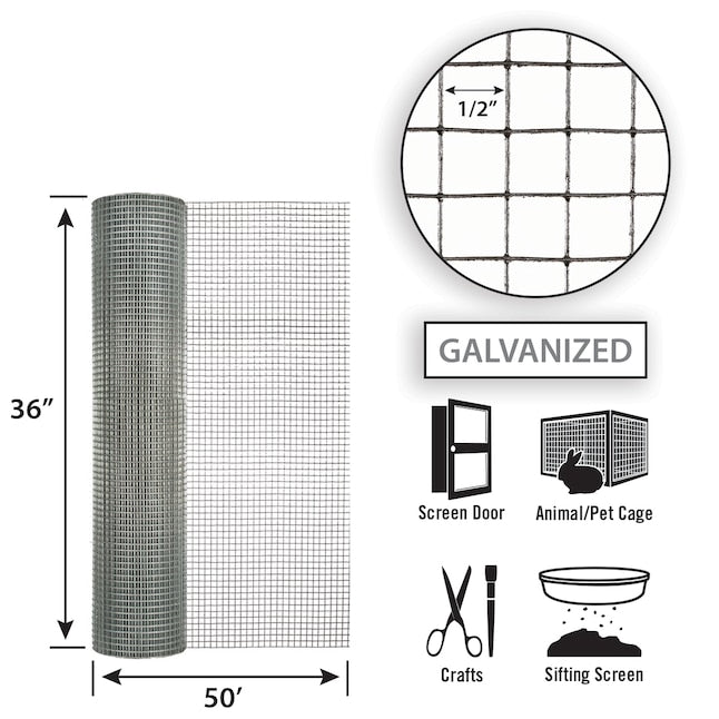 Garden Zone, 36in x 50ft Galvanized Hardware Cloth with 1/2in Openings