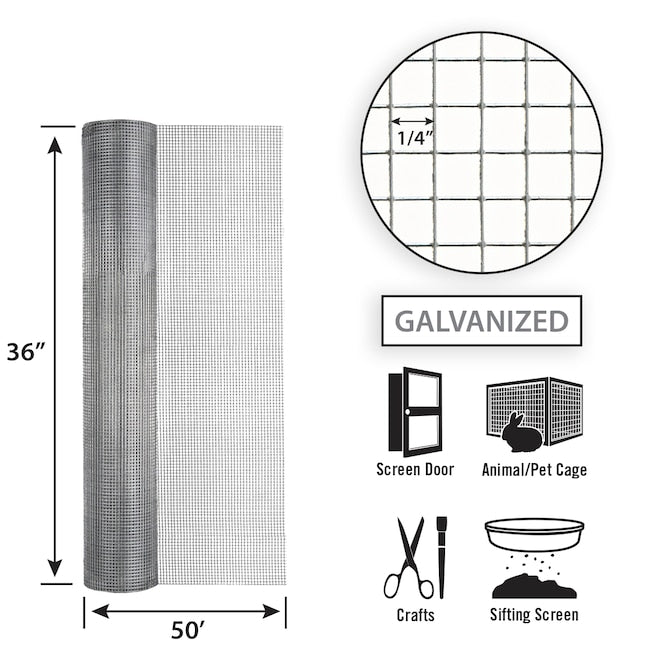 Garden Zone, 36in x 50ft Galvanized Hardware Cloth with 1/4in Openings