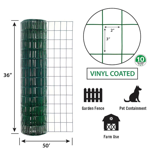 Garden Zone, 36in x 50ft Green Vinyl Fence with 2in x 3in Openings