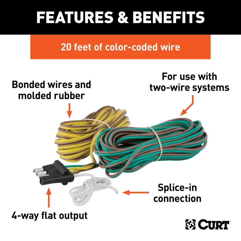 Curt Manufacturing, 4-Way Flat Connector For Rewiring Trailer, Includes 20 Foot Wires