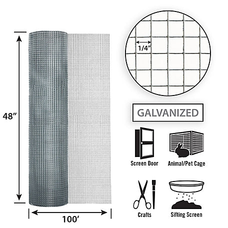 Garden Zone, 48in x 100ft Galvanized Hardware Cloth with 1/4in Openings