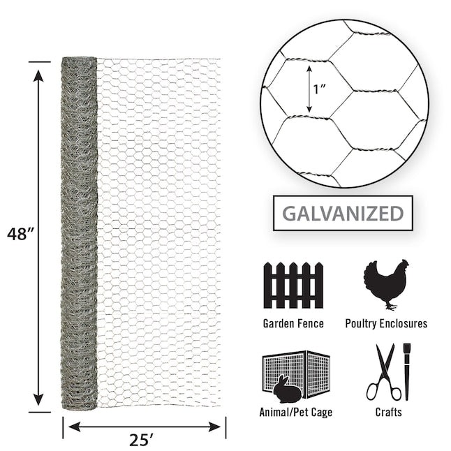 Garden Zone, 48in x 25ft Galvanized Chicken Wire with 1in Openings