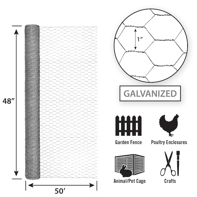 Garden Zone, 48in x 50ft Galvanized Chicken Wire with 1in Openings