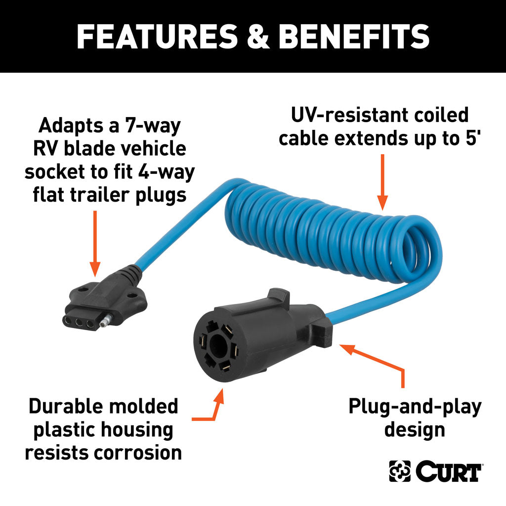 Curt Manufacturing, 5 foot Electrical Adapter Harness; 7-Way RV Blade Vehicle to 4-Way Flat Trailer