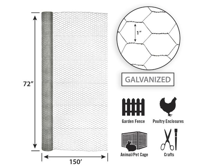 Garden Zone, 72in x 150ft Galvanized Chicken Wire with 1in Openings