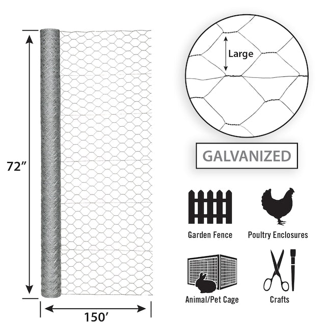 Garden Zone, 72in x 150ft Galvanized Chicken Wire with 2in Openings