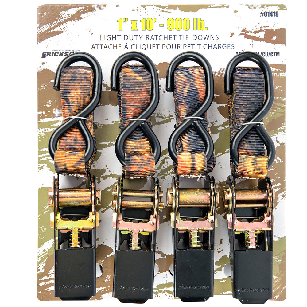 Erickson, 900 lb Camo Ratchet Straps, 1in x 10ft, 4 pack