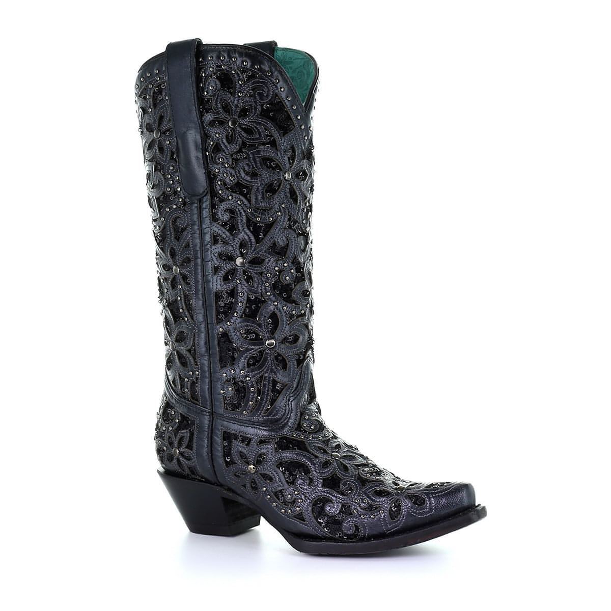 Corral Boots, Black Inlay, Studs, and Embroidery