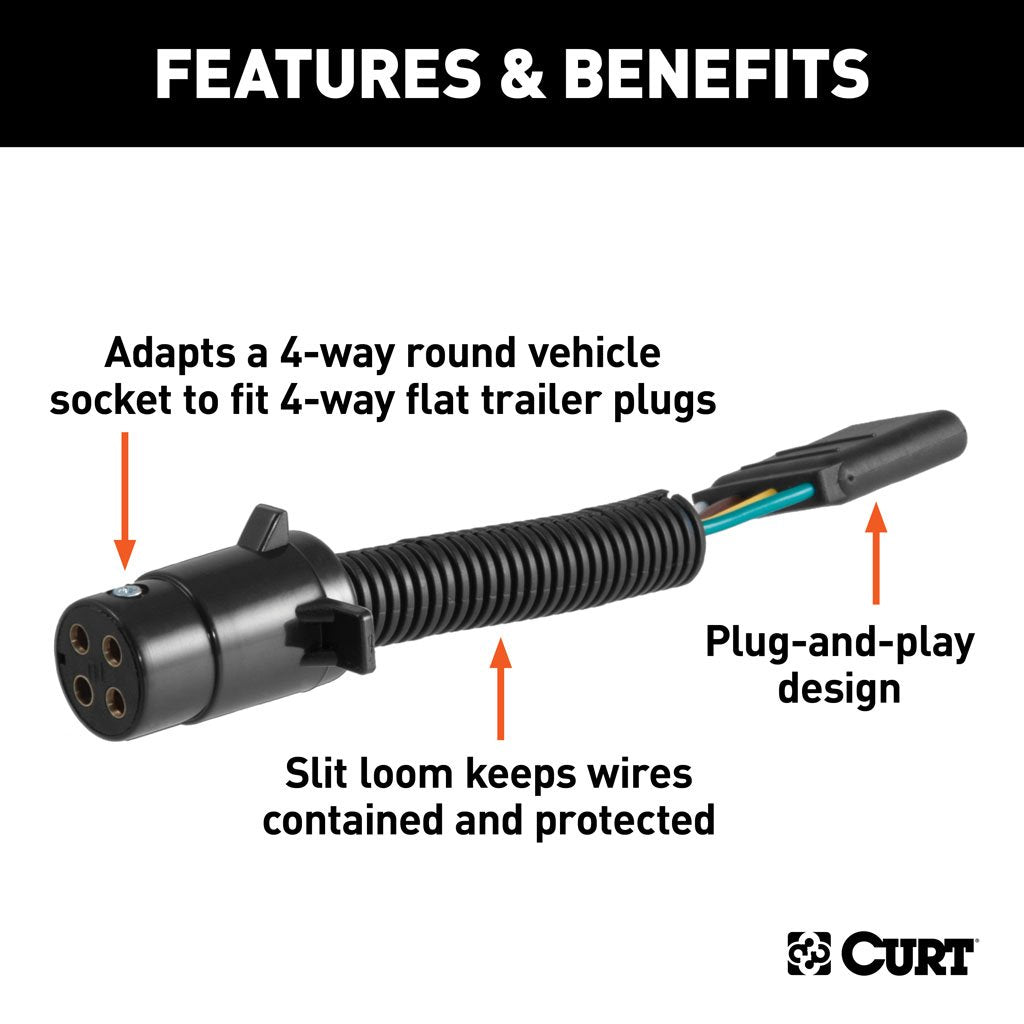 Curt Manufacturing, Electrical Adapter, 4-Way Round Vehicle to 4-Way Flat Trailer