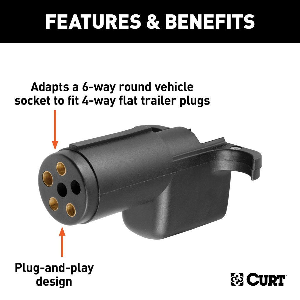 Curt Manufacturing, Electrical Adapter, 6-Way Round Vehicle to 4-Way Flat Trailer