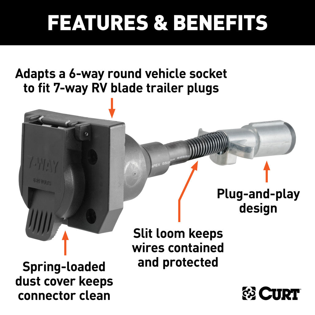 Curt Manufacturing, Electrical Adapter, 6-Way Round Vehicle to 7-Way Round RV Blade Trailer