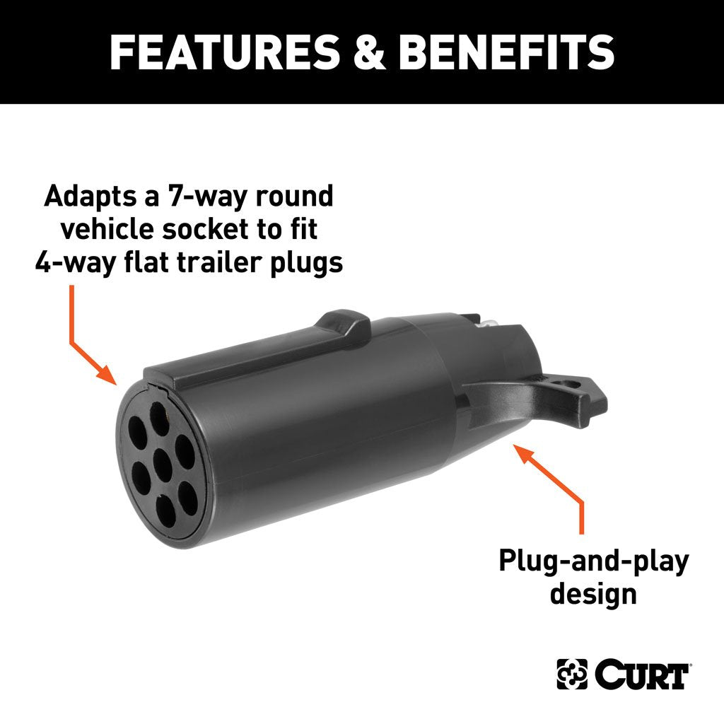 Curt Manufacturing, Electrical Adapter - 7 Round Vehicle to 4 Flat Trailer