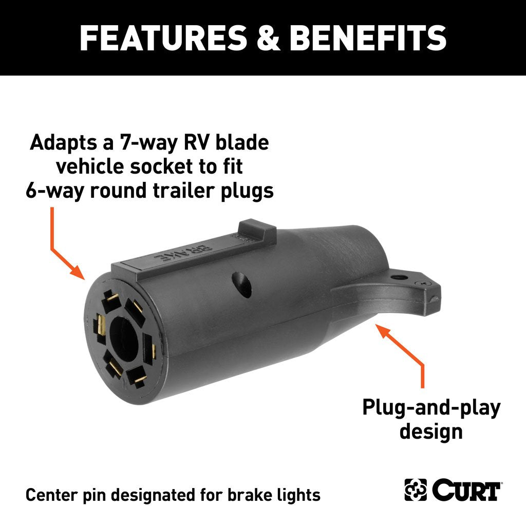 Curt Manufacturing, Electrical Adapter, 7-Way RV to 6-Way Round Trailer, Center Pin Brake