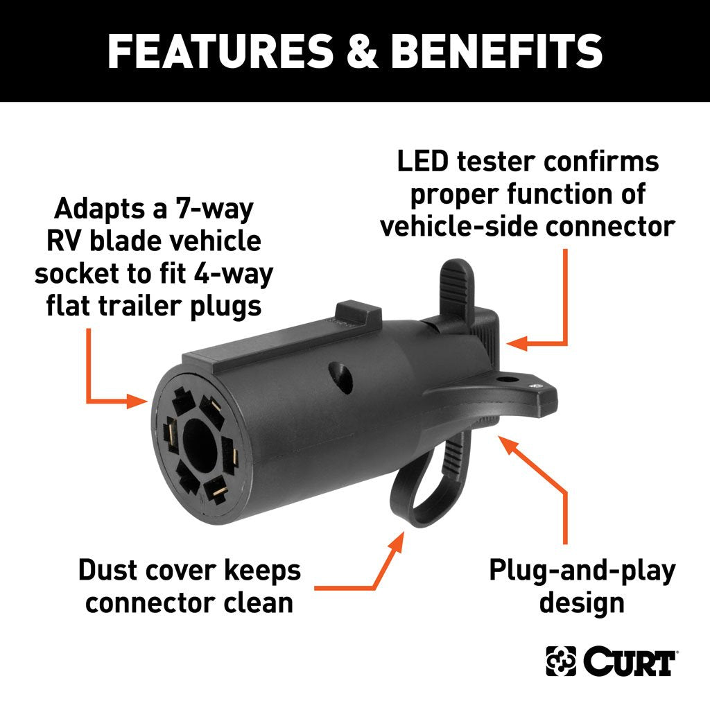 Curt Manufacturing, Electrical Adapter with Tester, 7-Way RV Blade Vehicle to 4-Way Flat Trailer