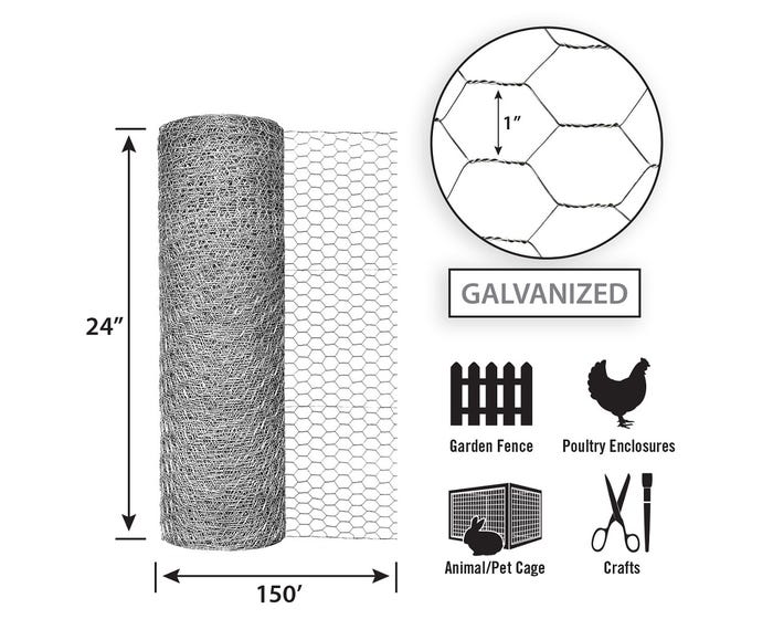 Garden Zone, Garden Craft Galvanized Chicken Wire, 24in x 150ft, 1in Hexagonal Openings