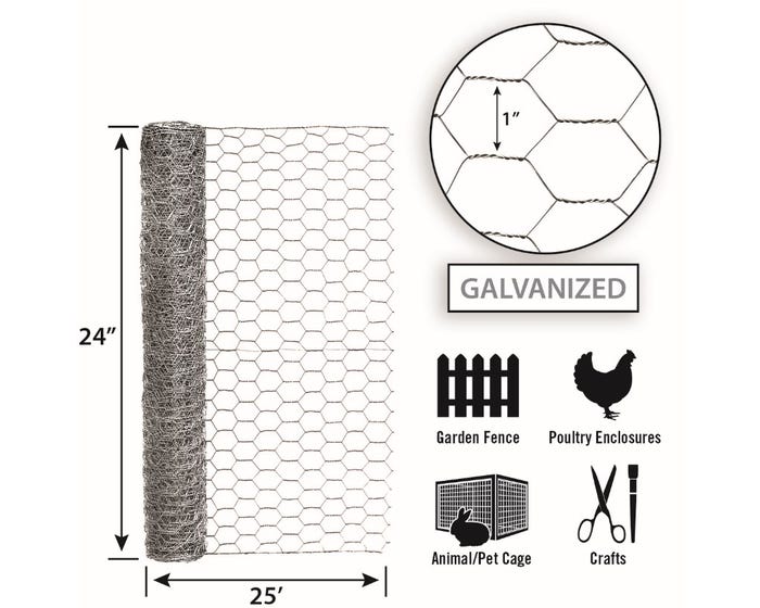 Garden Zone, Garden Craft Galvanized Chicken Wire, 24in x 25ft, 1in Hexagonal Openings