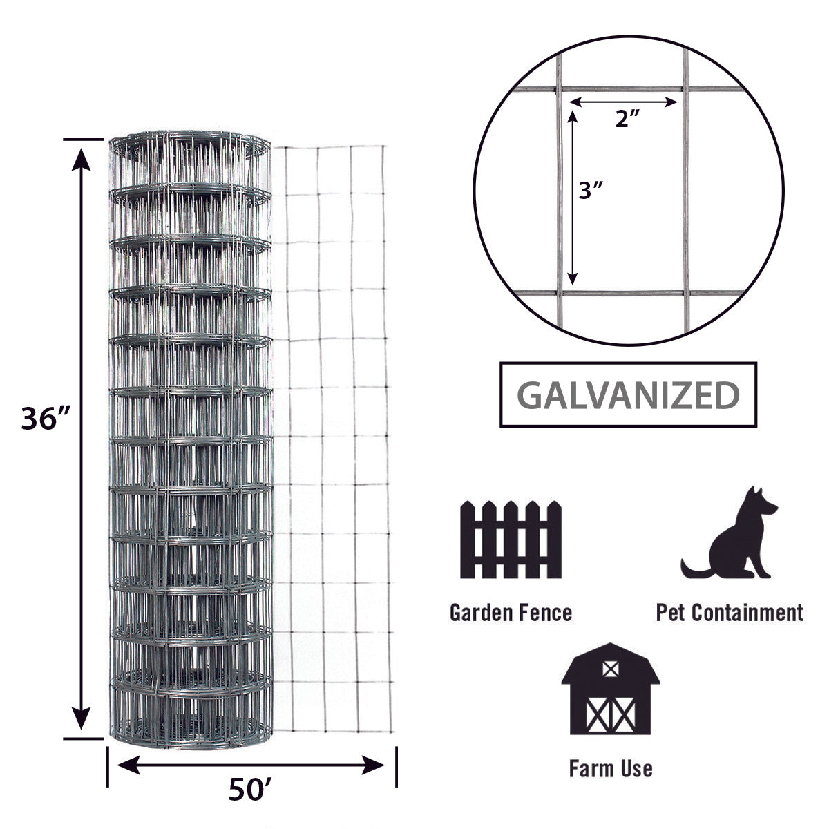 Garden Zone, Garden Craft Galvanized Garden Fence, 36in x 50ft, 2in x 3in openings