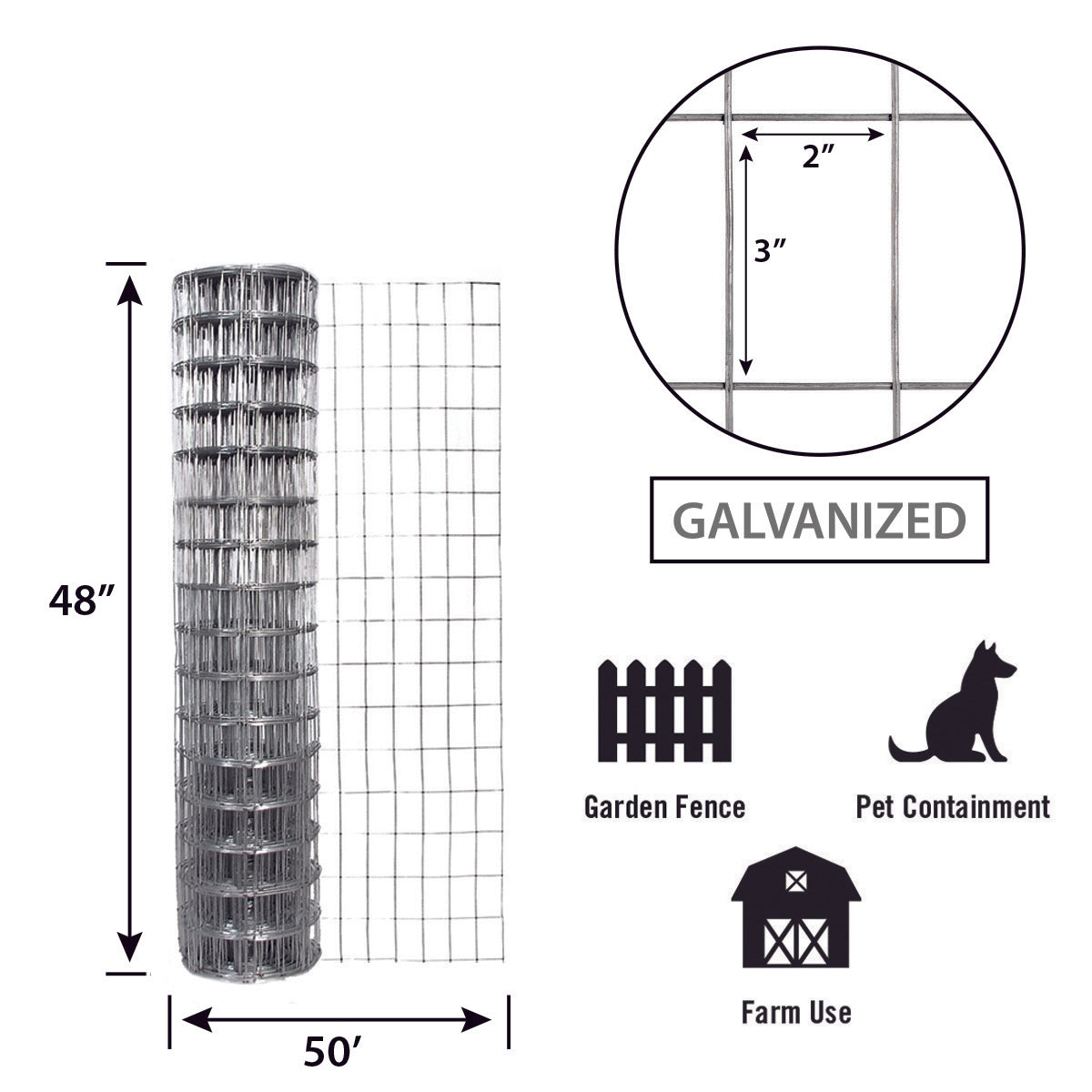 Garden Zone, Garden Craft Galvanized Garden Fence, 48in x 50ft, 2in x 3in openings