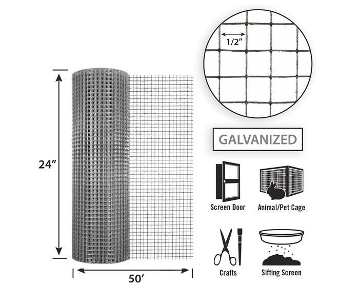 Garden Zone, Garden Craft Galvanized Hardware Cloth, 24in x 50ft, 1/2in x 1/2in Openings