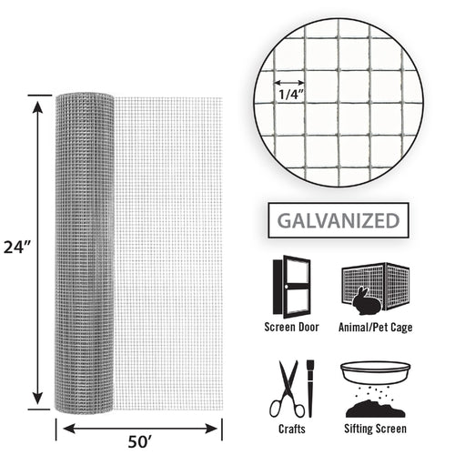 Garden Zone, Garden Craft Galvanized Hardware Cloth, 24in x 50ft, 1/4in x 1/4in Openings